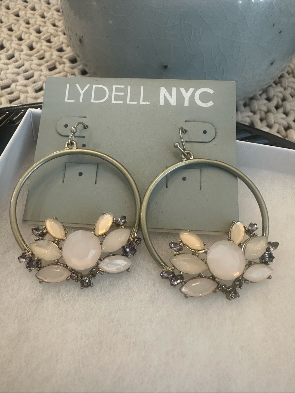 Lydell NYC Statement Gold Hoop Earrings Soft Pink Neutral Crystal NWT